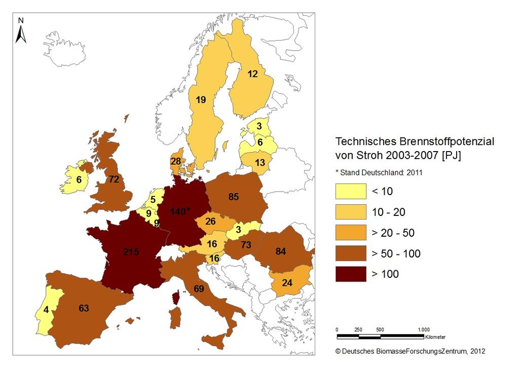 Potenzialbetrachtungen Strohpotenziale in Europa Quelle: Globale und regionale Verteilung von Biomassepotenzialen, BMVBS-Online-Publikation,