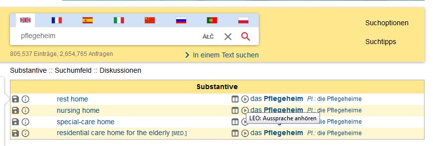Deutsch => Englisch (z.b. Pflegeheim) dict.leo.