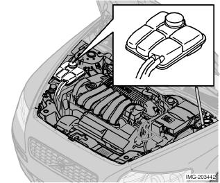Die Windschutzscheiben- und die Scheinwerferwaschanlage haben einen gemeinsamen Flüssigkeitsbehälter. Füllmengenangaben siehe S. 241. 1. Einfüllöffnung, 4-Zylinder-Modelle und Diesel. 2. Einfüllöffnung, 5-Zylinder-Modelle.