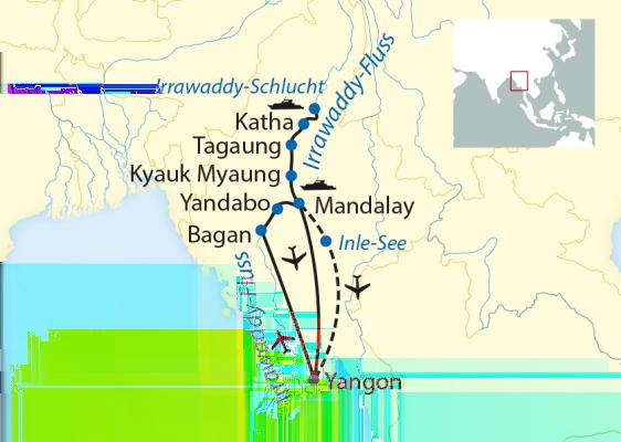 Schiffsreise Asien Myanmar Flusskreuzfahrt Goldene Pagode ins unentdeckte Herz von Myanmar 17-tägige Erlebnisreise mit 10-tägiger Irrawaddy-Flusskreuzfahrt Reiseübersicht Komfortabel und abseits der