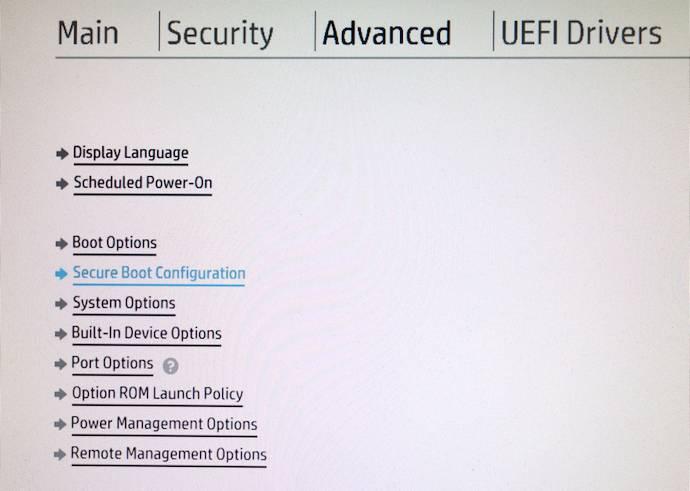 Unter ADVANCED die Option Secure Boot Configuration wählen Legacy Support einschalten und Secure Boot