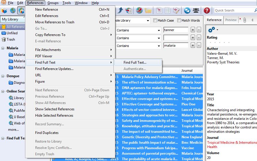 PDFs zu den einzelnen Referenzen suchen Datensätze markieren, via rechte Maustaste oder das Menu References «Find Full Text» aufrufen.