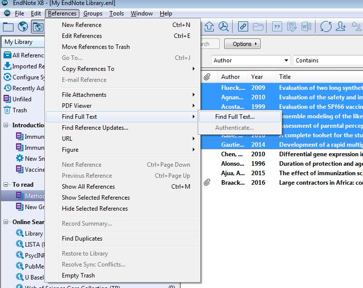 4. Referenzen in EndNote verwalten: Volltexte / PDFs automatisch suchen lassen Datensätze markieren und diese PDFs suchen lassen via rechte Maustaste oder im Menu