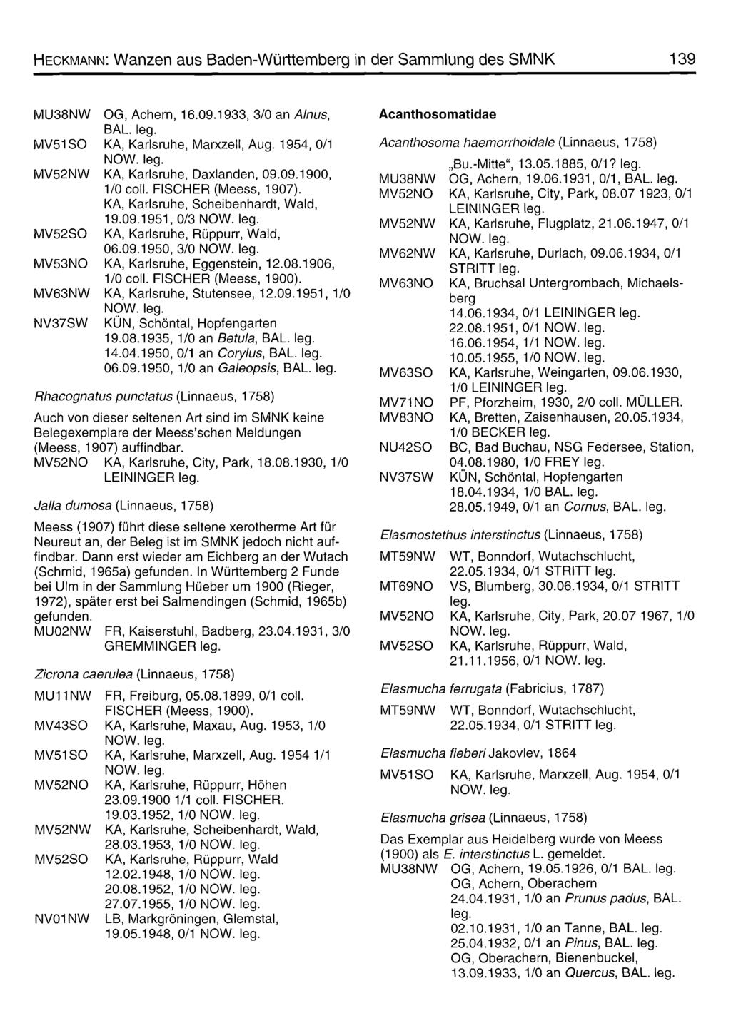 Heckmann: Wanzen aus Baden-Württemberg in der Sammlung des SMNK 139 MU38NW OG, Achern, 16.09.1933, 3/0 an Ainus, BAL. MV51SO KA, Karlsruhe, Marxzell, Aug.