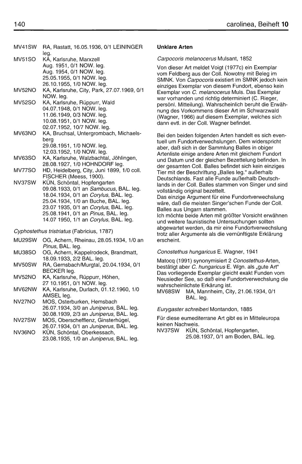 140 carolinea, Beiheft 10 MV41SW RA, Rastatt, 16.05.1936, 0/1 LEININGER Unklare Arten MV51SO KA, Karlsruhe, Marxzell Carpocoris m elanocerus Mulsant, 1852 Aug.