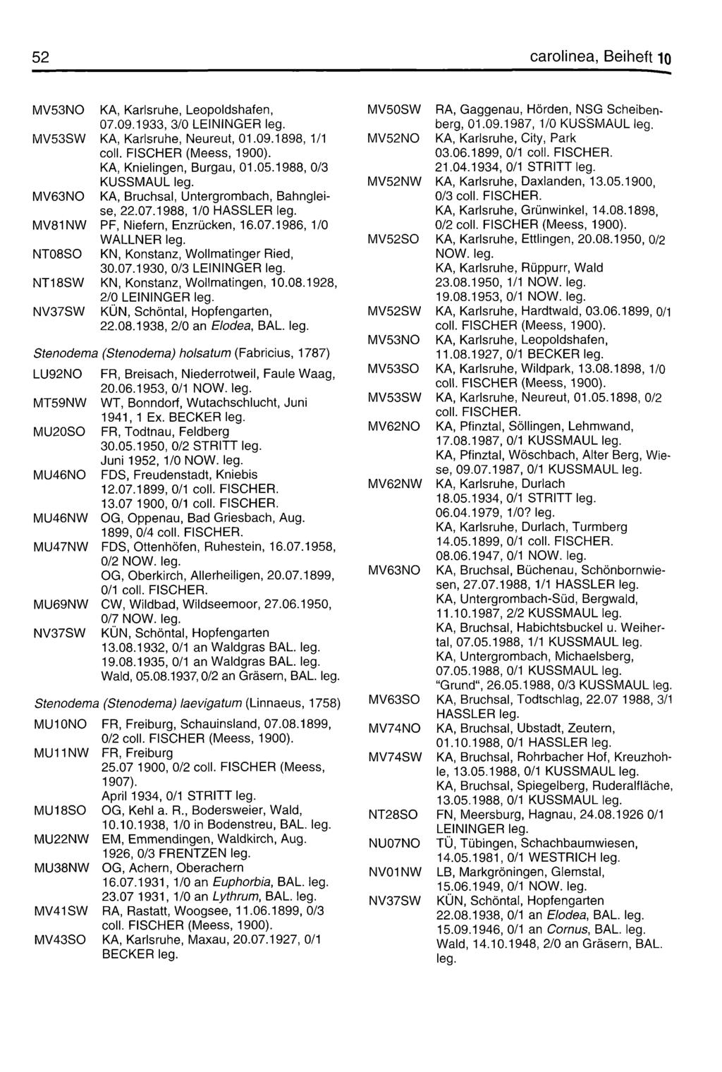 52 carolinea, Beiheft 10 MV53NO KA, Karlsruhe, Leopoldshafen, 07.09.1933, 3/0 LEININGER MV53SW KA, Karlsruhe, Neureut, 01.09.1898, 1/1 coli. FISCHER (Meess, KA, Knielingen, Burgau, 01.05.