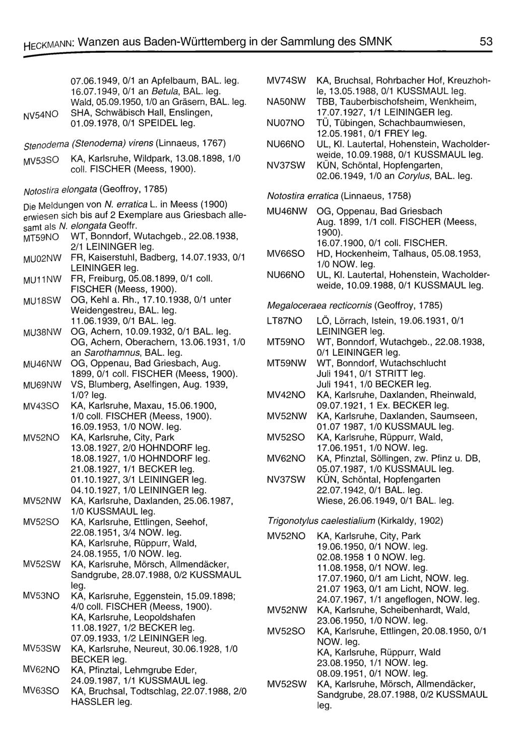 Heckmann: Wanzen aus Baden-Württemberg in der Sammlung des SMNK 53 MV5 4NO 07.06.1949, 0/1 an Apfelbaum, BAL. 16.07.1949, 0/1 an B e tu la, BAL. Wald, 05.09.1950,1/0 an Gräsern, BAL.