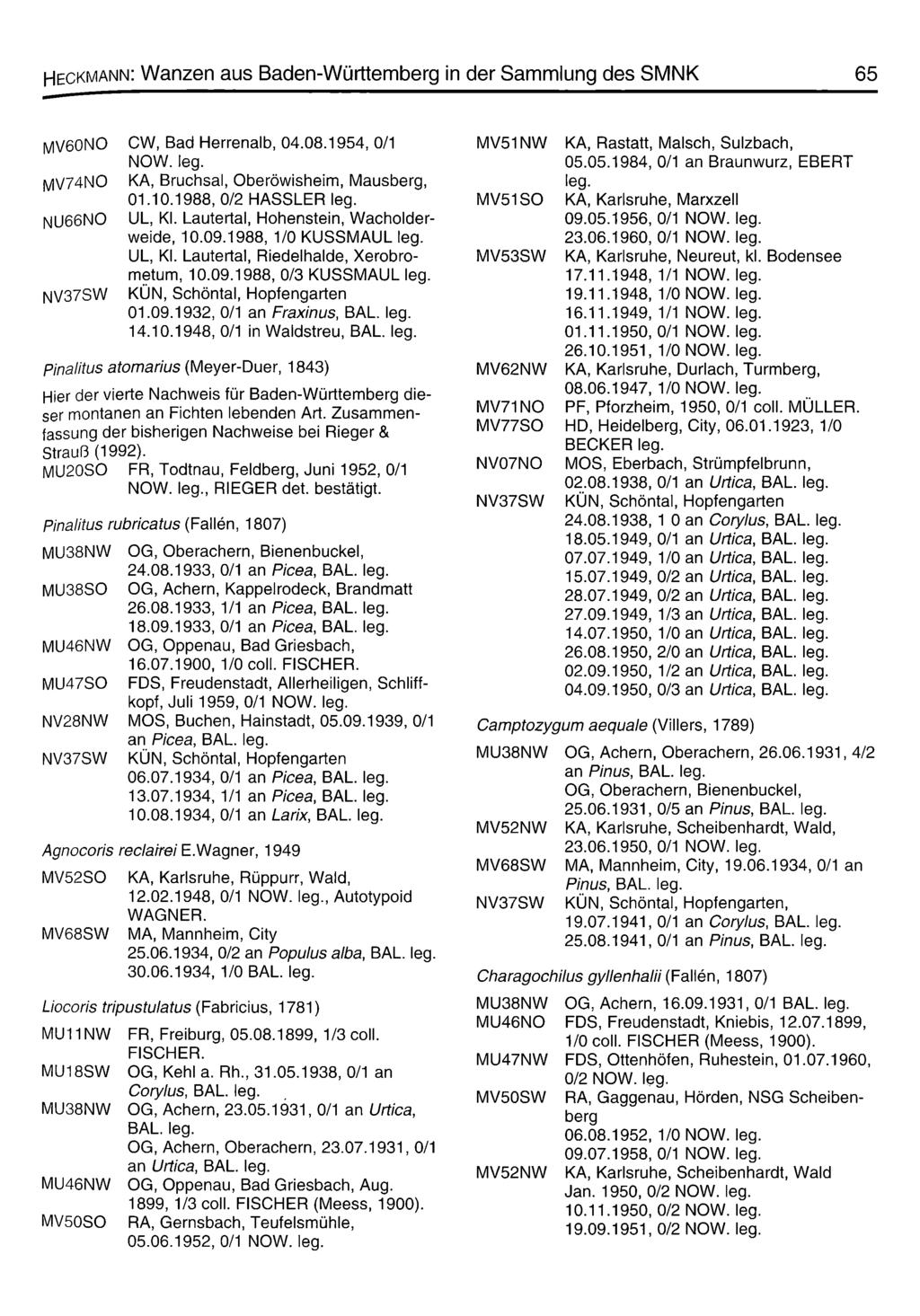 Heckmann: Wanzen aus Baden-Württemberg in der Sammlung des SMNK 65 I\ZIV60NO CW, Bad Herrenalb, 04.08.1954, 0/1 IVl\/7 4 NO KA, Bruchsal, Oberöwishelm, Mausberg, 01.10.1988, 0/2 HASSLER NU66NO UL, Kl.