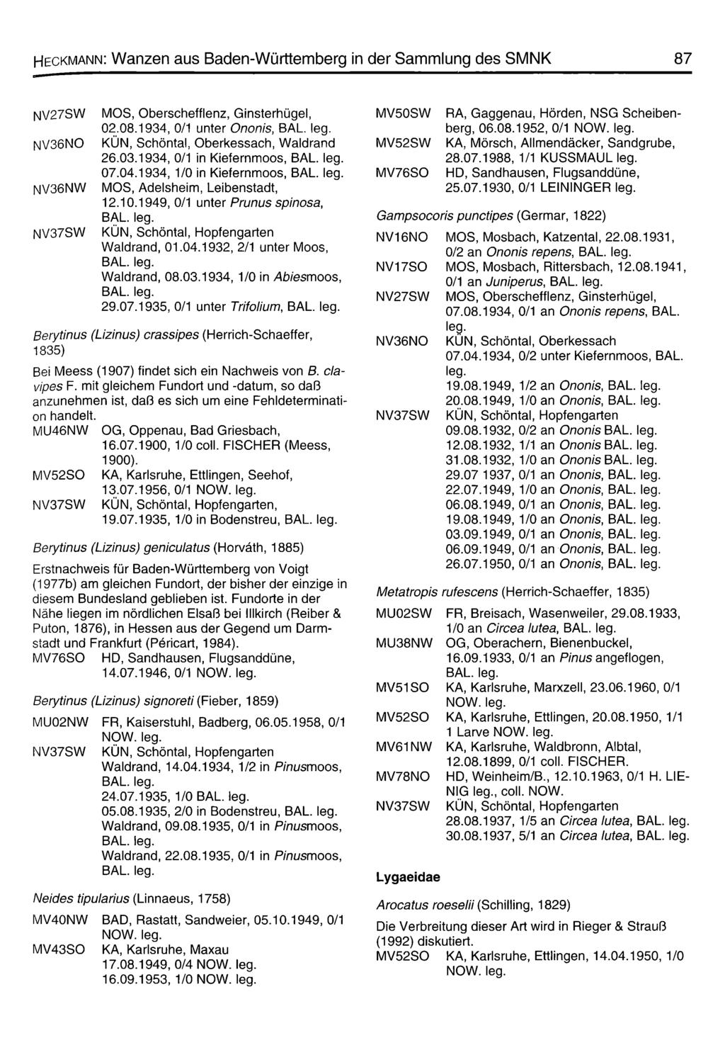 Heckmann: Wanzen aus Baden-Württemberg in der Sammlung des SMNK 87 NV27SW NV36NO NV36NW NV37SW MOS, Oberschefflenz, Ginsterhügel, 02.08.1934, 0/1 unter O nonis, BAL.