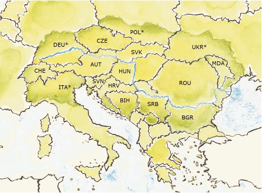 Geografische Karte der Anbaugebiete von Donau Soja Donau Soja Karte * Diese Länder sind mit folgenden Teilgebieten inkludiert: DEUTSCHLAND: Bayern, Baden-Württemberg ITALIEN: Trentino Alto Adige,