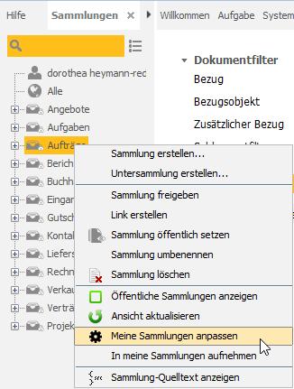 1.3 Dokumente in Sammlungen organisieren Wenn Sie wie oben beschrieben den Menüpunkt DMS Teamwork > Dokumente wählen, ändert sich am linken Bildschirmrand die Menüleiste.