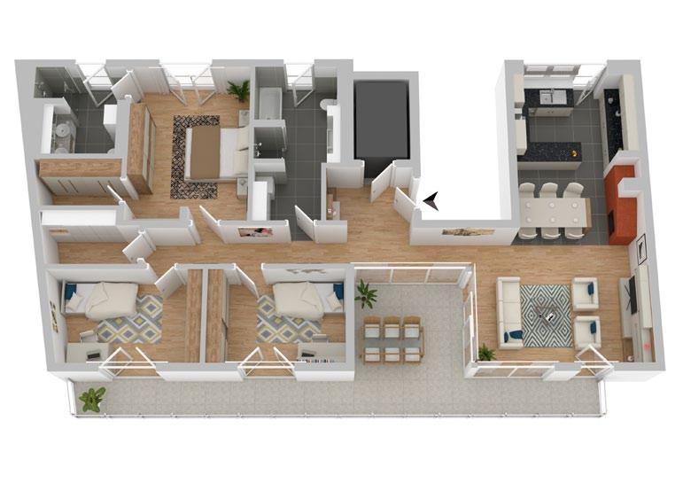 Penthouse 6. Obergeschoss 4-Raum-Wohnung Wohnungstyp 31 1 Wohneinheit im Penthouse mit ca.