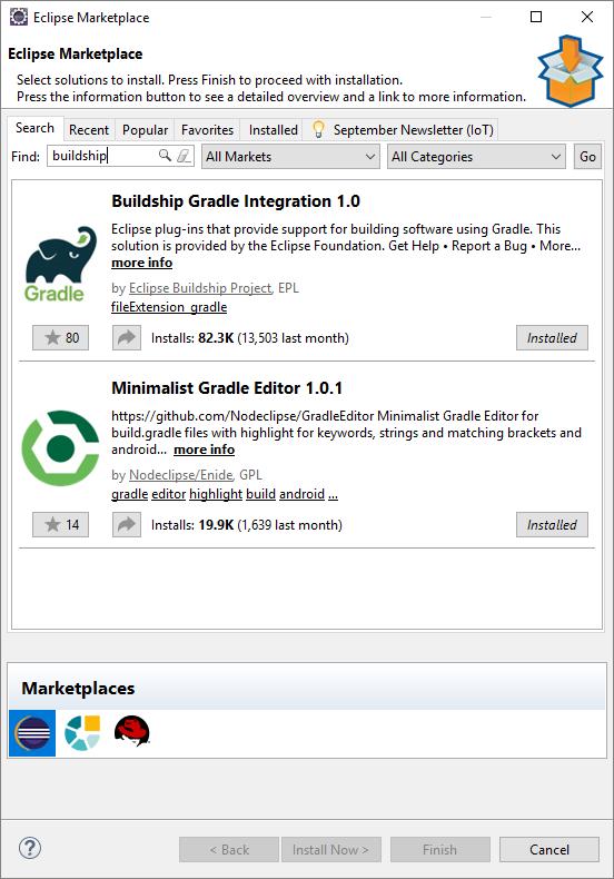 Gradle Installation für Eclipse: 1. Help Eclipse Marketplace 2. Suche nach Buildship 3.