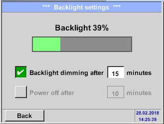 Setari 10.4.3 Setare iluminare ecran Settings Set backlight Reglati direct iluminarea ecranului Backlight In domeniul 15-100%. De exemplu Backlight la 39%.