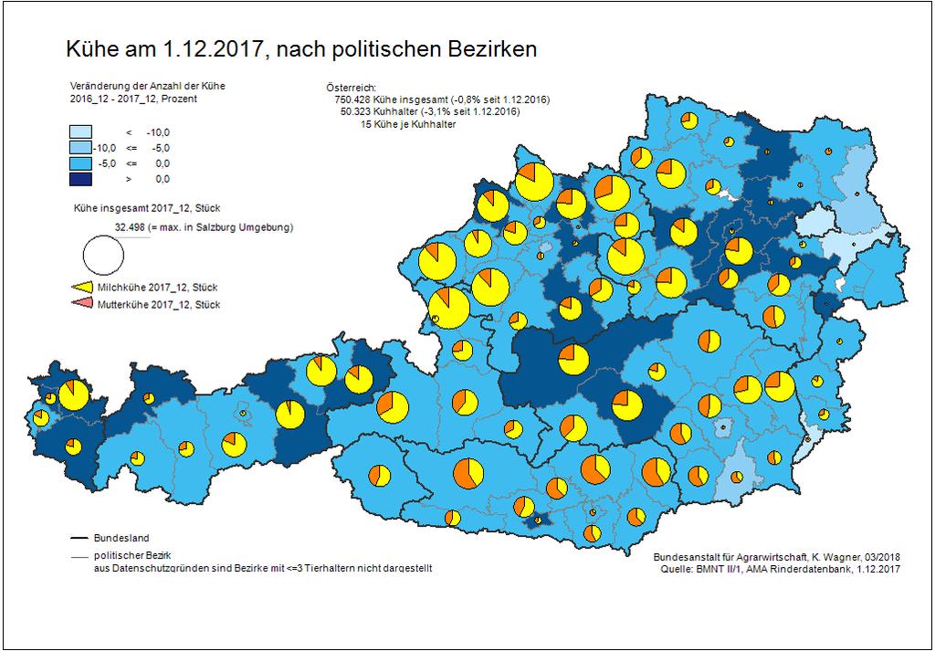 Entwicklung der Milchproduktion nach politischen Bezirken Im internationalen Vergleich ist die Milchproduktion in Österreich äußerst kleinstrukturiert.