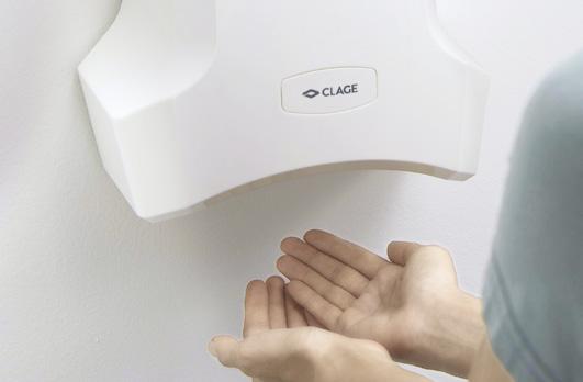 Und nach dem Händewaschen: Hygienisches Händetrocknen. Warmlufthändetrockner WHT Formt den Wasserstrahl optimal.