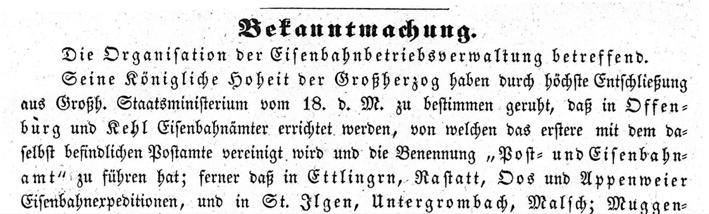 01.1811: Einrichtung einer Poststation in Achern als Zwischenstation der Stationen in Bühl und Appenweier.