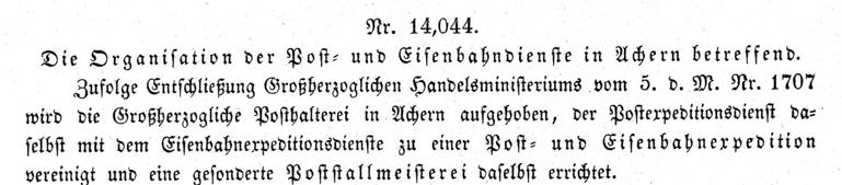 11/1867 1867: Dem Post- und Bahnverwalter Emil Keller, bisher in Appenweier, wird die Post- und Eisenbahnexpedition Achern übertragen.