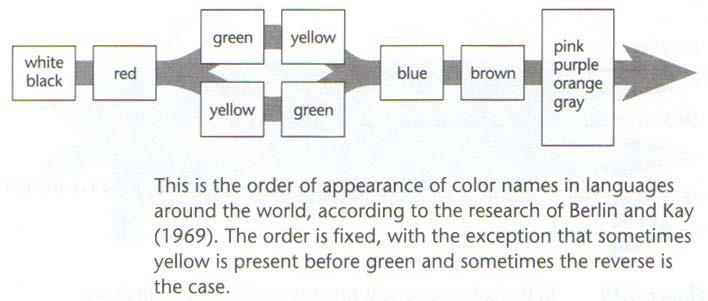 2.3 Farbe Reihenfolge von Farbwörtern Studie an 100 Sprachen [Berlin,Kay,1969]: Farbwörter werden stets in folgender Reihenfolge