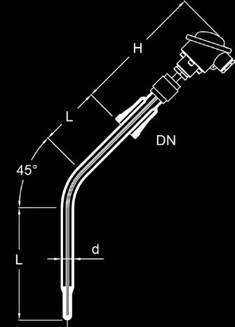 WIDERSTANDSTHERMOMETER, ABGEWINKELT Abgewinkelte Widerstandsthermometer werden für gewöhnlich an den 45 -Stutzen von Kugelgefäßen eingesetzt.