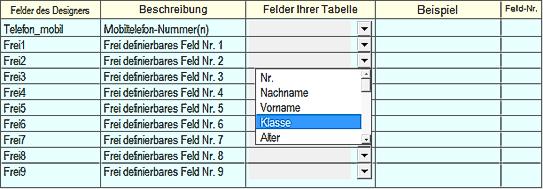 Drop-Down-Liste für Feld Frei2 So sieht die Tabelle aus, wenn Sie Klasse links angeklickt haben: