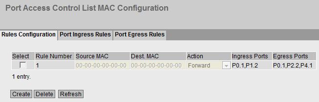 5.7 Das Menü "Security" 5.7.3 Port ACL MAC 5.7.3.1 Rules Configuration Einleitung Auf dieser Seite legen Sie die Zugriffsregeln für die MAC-basierte ACL fest.