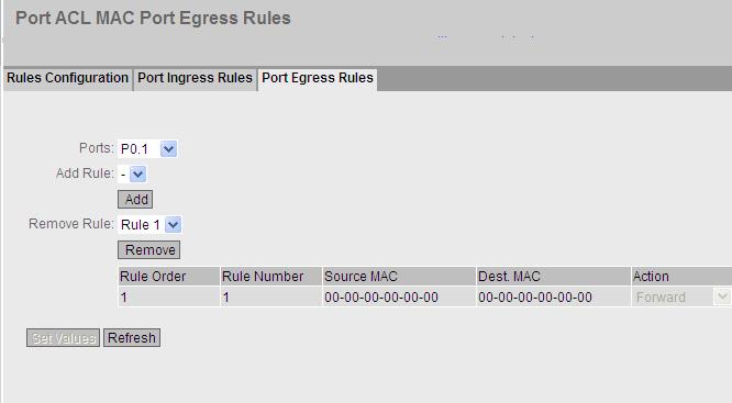 5.7 Das Menü "Security" 5.7.3.3 Port Egress Rules Einleitung Auf dieser Seite legen Sie fest, nach welcher ACL-Regel ausgehende Telegramme am Port gefiltert werden.
