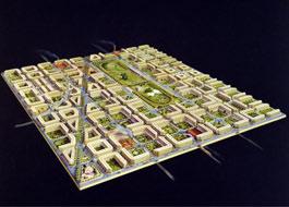 Ildefonso Cerda: Ensanche Barcelona (Plan 1863), Visualisierung der Bebauungsprinzipien Barcelona, Altstadt / Ensanche nach Cerdà, Baumassen.