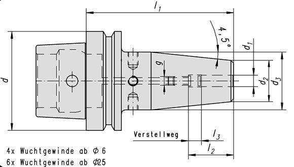 Hinweis: Der Spanndurchmesser ist für eine Werkzeugtoleranz h 6 ausgelegt. Lieferumfang: Mit eingebauter Verstellschraube. Application: For mounting of carbide shank tools acc. DIN 6535 form HA.