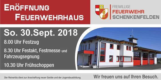 Oktober Eröffnung Neubau Feuerwehrhaus Nach 2-jähriger Bauzeit konnte im heurigen Sommer der Neubau des Feuerwehrhauses Schenkenfelden abgeschlossen werden.