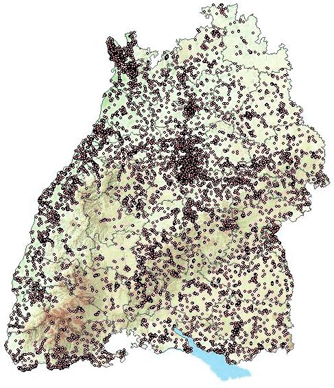 Abb. 5: Punktdarstellung der 15 301 altlastverdächtigen Flächen und Altlasten in Baden-Württemberg. Quelle: LUBW 2008 Abb.