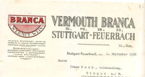 Los 0372 Ausruf: 12 Stuttgart-Feuerbach, 1930/33: Vermouth Branca GmbH 2 Stücke Abb. Firmenlogo.