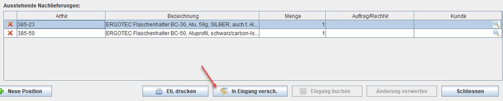 Bei diesem Beispiel wurden 2 Verpackungseinheiten zu je 5 Knopfzellen bestellt und geliefert. Es werden bei Einbuchung also 10 Stück dem Bestandsartikel hinzugefügt.