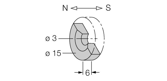 Zubehör Typ Ident-Nr. Maßbild DMR15-6-3 6900216 Betätigungsmagnet, Ø 15 mm (Ø 3 mm), h: 6 mm; erreichbarer Schaltabstand 36 mm auf Sensoren BIM-(E)M12 bzw.