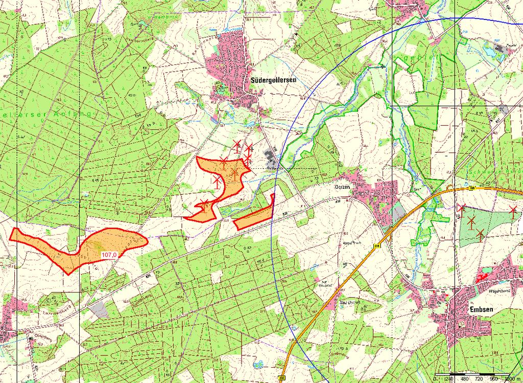 Das Vorranggebiet Wetzen/Südergellersen/Oerzen (Entwurf September 2014) mit 3 km - Abstand zu bestehenden