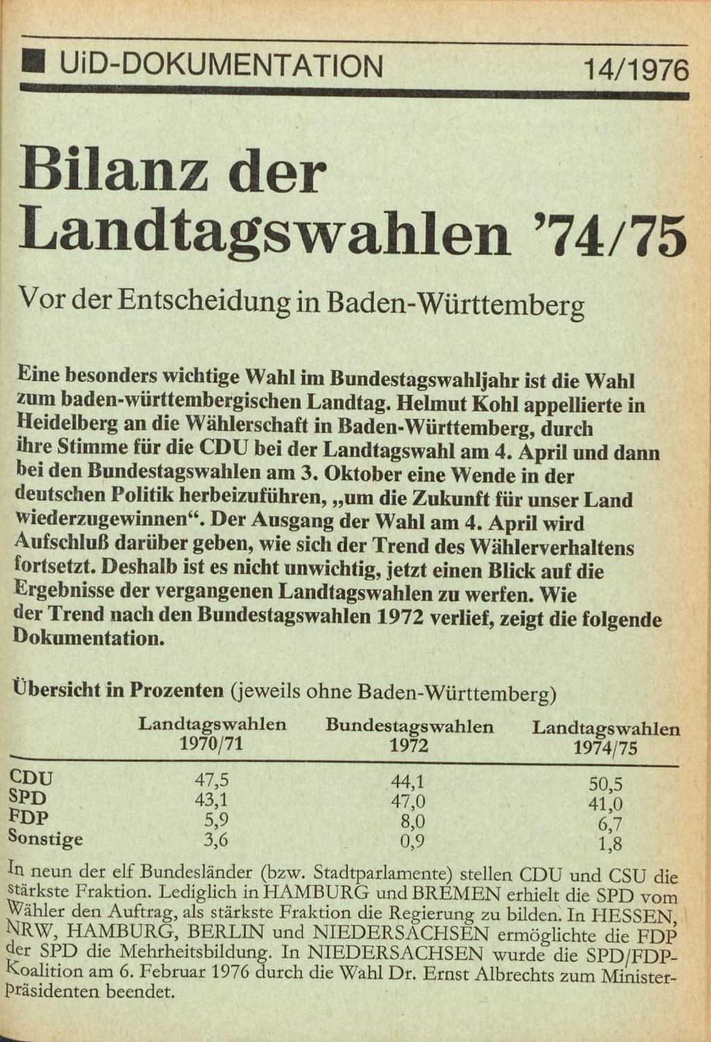 UiD-DOKUMENTATION 14/1976 Bilanz der Landtagswahlen 74/75 Vor der Entscheidung in Baden-Württemberg Eine besonders wichtige Wahl im Bundestagswahljahr ist die Wahl zum baden-württembergischen Landtag.