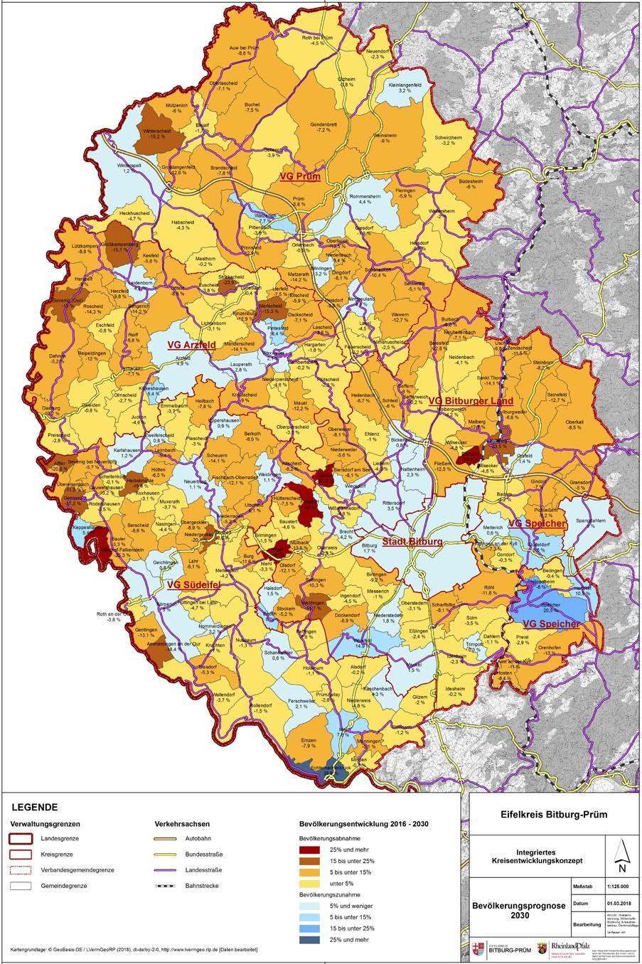 Abb. 9: Beispielkarte Kleinräumige Bevölkerungsprognose 2030 Eifelkreis Bitburg-Prüm; Quelle: