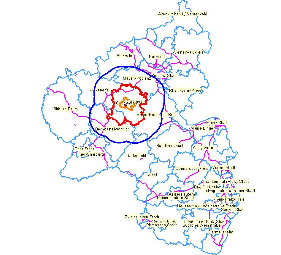 Fiktiver Ausbruch bei Wildschweinen in Rheinland-Pfalz Hochrisiko Zone / Kernzone ca. 3-4 km Radius Gefährdeter Bezirk mind.