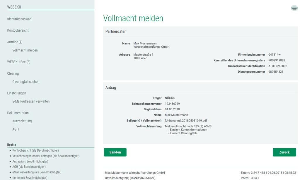 Der Benutzer bzw. die Benutzerin kann in diesem Fenster einen Antrag auf Meldung einer Vollmacht an den jeweiligen SV-Träger stellen.