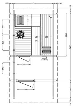 Sauna (B x T x H): 2050 x 2395 x 2000 mm Innenmaß Vorraum: (B x T): 1570 x 2050 mm Maße Terrasse (B x T): 4000 x 1950 mm AUSSENSAUNA MAALI Typ 2 mit Terrasse und Vorraum Saunahaus: 70 mm Blockbohlen,