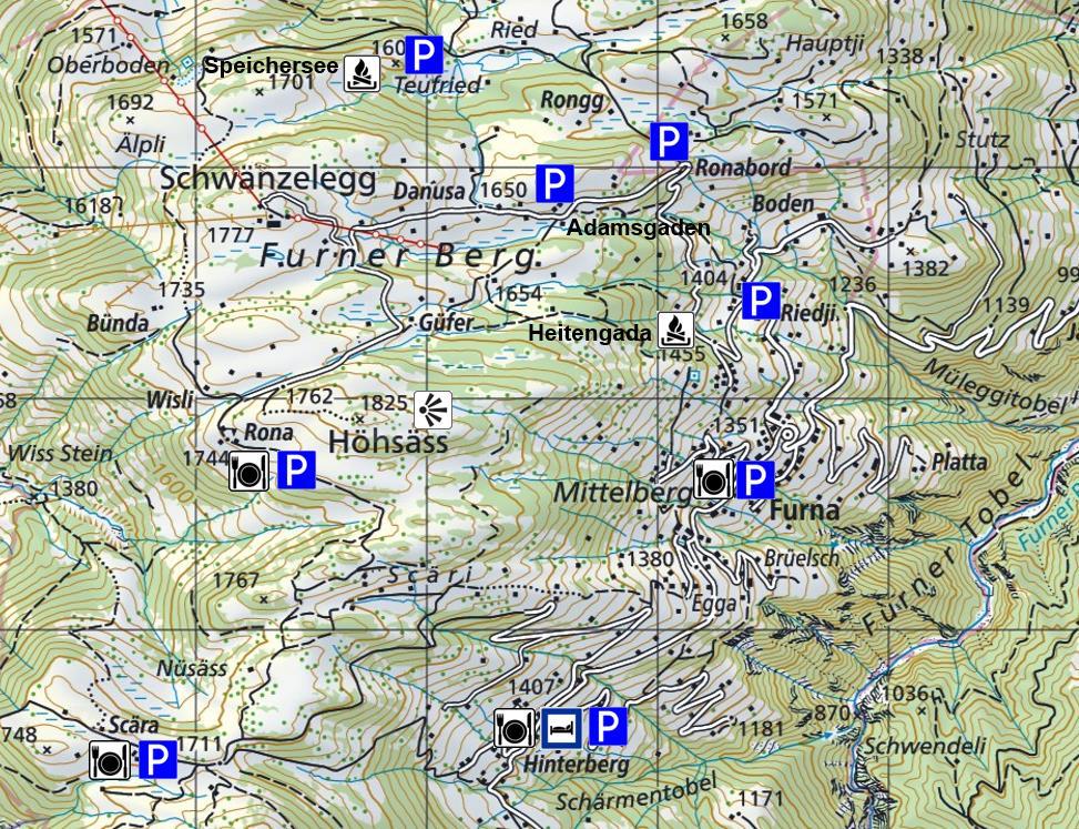 LAGEPLAN FURNA Grüsch Schiers A 13 N 28 Chur Bergbahnen Grüsch-Danusa FURNA Pragg-Jenaz Klosters / Davos Scära: Berghaus Scära (gebührenpflichtige Strasse) Hinterberg: