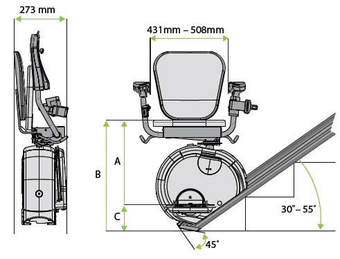 Treppenneigung 33-55 Geschwindigkeit Motor Antrieb Breite hochgeklappt Breite ausgeklappt