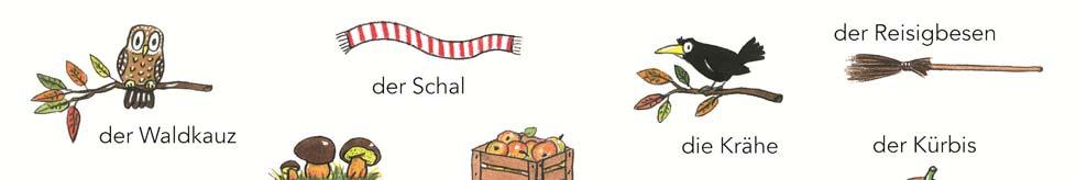 Thema: Herbst Begleitmaterial zum Herbst-Wörter-Wimmelbuch, Rückseite Buchumschlag der Waldkauz die Herbstzeitlose der Pilz der Schal die