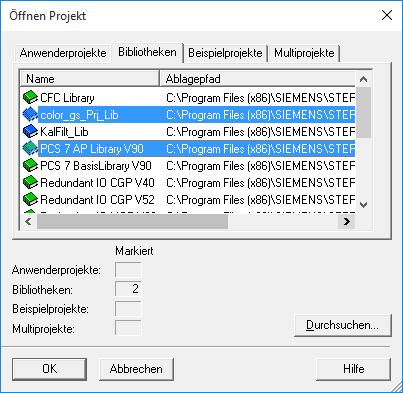 Erstellen von CFC-Plänen 6.2 Arbeiten mit Bibliotheken Vorgehensweise 1. Wählen Sie Datei > Öffnen... Das Dialogfeld "Öffnen Projekt" wird geöffnet. 2. Wählen Sie das Register "Bibliotheken". 3.