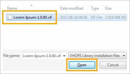 Suchen Sie die VHOPE-Bibliotheksdatei (.vif-datei), die Sie importieren möchten. Beispielsweise können Sie eine der Bibliotheksdateien auf diesem USB-Laufwerk wählen.