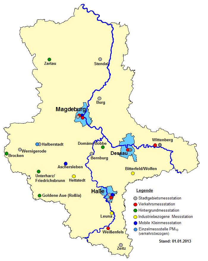 Die Abbildung 23 zeigt die Messnetzkarte mit den Standorten der Messstationen des Luftüberwachungs- und Informationssystems Sachsen-Anhalt (Stand 01.01.2013).