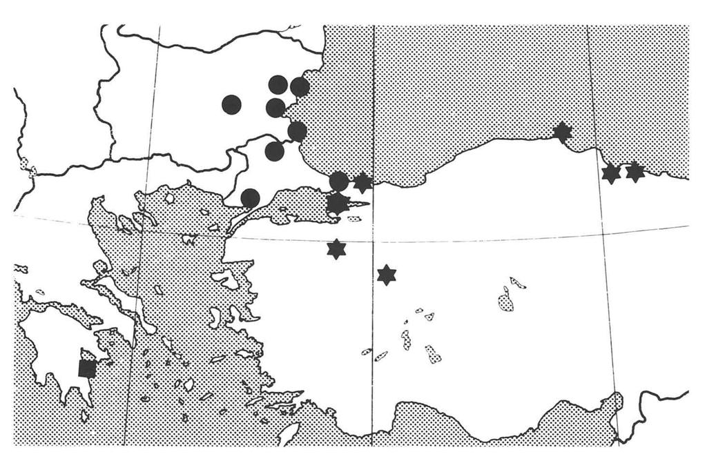 332 ZOOLOGISCHE MEDEDELINGEN 58 (1984) Fig. 4. Fundorte von Chondrula (Eubrephulus) spec.; UTM 50 km Quadrat Karte. Punkte, C. (E.) bicallosa Pfeiffer); Sterne, C. (E.) orientalis (Pfeiffer); Quadrat, C.