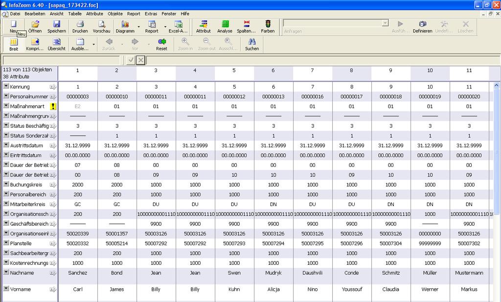 Abbildung 7: SAP Liste für das Beispiel SAPIENCE1 Demo_Personalstammdaten Aus der Menüleiste des Fensters wählen Sie Liste/Exportieren/Erweiterte Ablage der SAP Query und erhalten sofort
