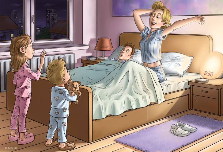 Dieses Mini-Buch gehört: Guten Morgen, ihr beiden! Mama richtet sich auf und streckt sich. So früh schon auf Entdeckungstour? Guten Morgen, Mama!, rufen Tim und Lisa.