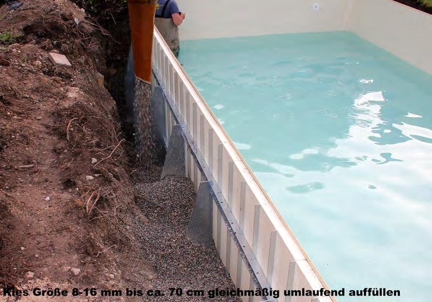 10. Baugrube mit Kies auffüllen Wasserbefüllung fortsetzen Annahme: im Becken befinden sich aktuell ca. 50 cm Wasser.